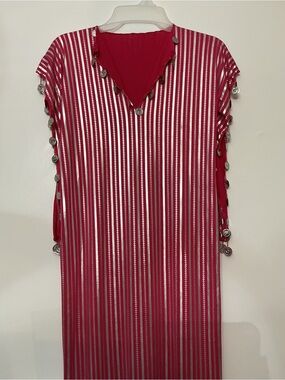 Pink Striped Maxi Dress with Decorative Coin Trim Egyptian Belly Dancing Costume